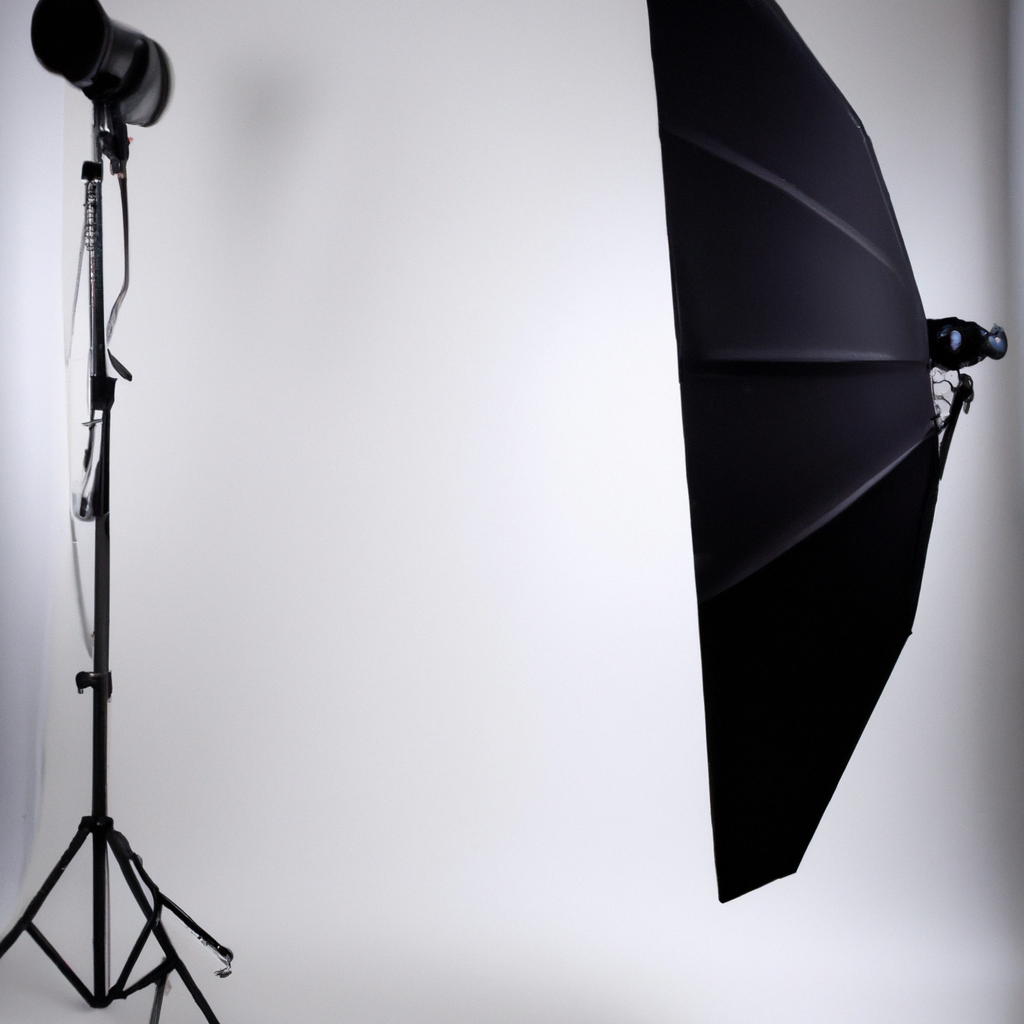 Fotografía generada: set de estudio minimalista con fondo blanco, softbox y paneles LED, cámara en trípode